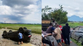Diduga Sopir Mengantuk, Toyota Rush Terbalik di Sawah Ciparay Bandung